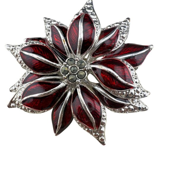 Red & Silver-Tone Poinsettia Brooch With Enamel Petals & Rhinestone Accents - Picture 1 of 4